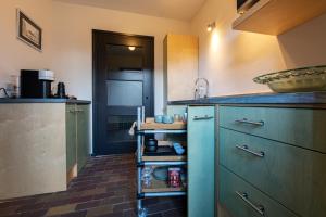Sint-OedenrodeB&B aan het Dijksteegje的厨房配有蓝色橱柜和水槽