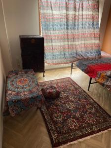 SaikiHostel UND BASE的一间客厅,地板上设有2个地毯