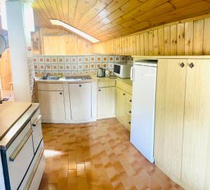 卡纳泽伊Park Hotel Faloria的厨房配有木制橱柜和白色冰箱。