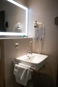 布尔格Hotel Bleske im Spreewald的浴室配有盥洗盆、镜子和毛巾