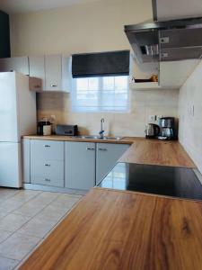 艾拉方索斯Okio - Μονοκατοικία δίπλα στη θάλασσα的厨房铺有木地板,配有白色冰箱。