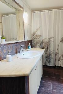 艾拉方索斯Okio - Μονοκατοικία δίπλα στη θάλασσα的一间带水槽和镜子的浴室