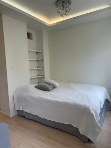 斯德哥尔摩Nyrenoverat i centrala Stockholm的白色卧室配有一张床和一个吊灯