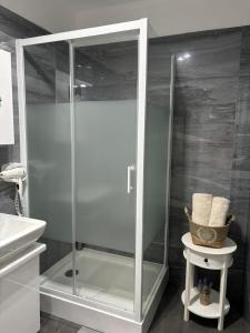 普洛耶什蒂White DeLuxe Apartment的一个带水槽的玻璃淋浴间