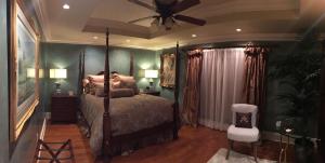 YoungsvilleLouisiana Cajun Mansion的一间卧室配有一张床和吊扇
