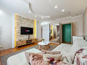下米拉诺瓦茨Apartman Julija的客厅配有沙发和砖墙电视