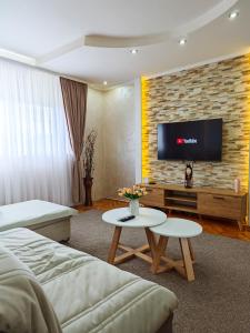 下米拉诺瓦茨Apartman Julija的酒店客房的砖墙上配有电视
