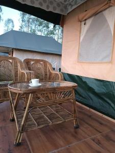 萨哈兰普尔Pulastya Wellness Resort的帐篷前的桌椅