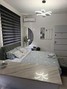 ŠidApartman u centru的一间卧室配有一张大床和吊扇
