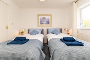 拉内利Comfortable and Spacious Superb Holiday Home in Llanelli, Dog Friendly的客房内的两张床和蓝色枕头