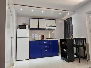 马亚圭斯Nala's Studio的厨房配有白色冰箱和蓝色橱柜