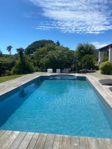 格里莫Villa 55的一个带木甲板和蓝色海水的游泳池