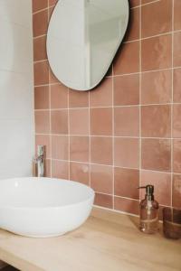 伊皮Knus I Tiny house op de Veluwe的浴室设有白色水槽和镜子