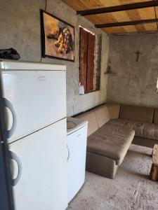 苏佩塔尔Camping Brizi的带沙发和窗户的客房内的冰箱