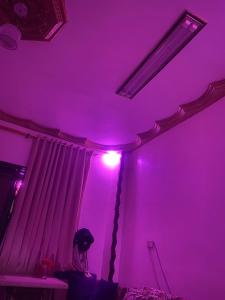 艾斯尤特Cozy Private Apartment的坐在紫色房间床上的女人