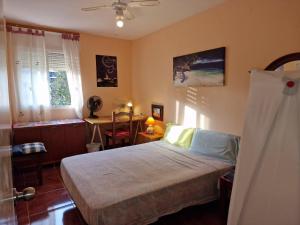 福恩吉罗拉Fuengirola Rooms Boliches Beach的一间卧室配有一张床、一张书桌和一个窗户。