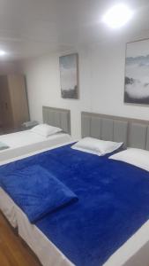 伊基克HOTEL JIMENA的一间卧室配有两张蓝色床单