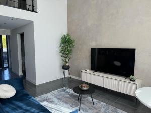 叶尔加瓦Cukura Loft的客厅配有蓝色的沙发和平面电视。