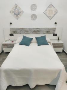 普拉多德尔雷4 bedrooms chalet with private pool furnished terrace and wifi at Prado del Rey的卧室配有带蓝色枕头的大型白色床