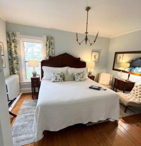 加利纳Lamberson Guest House的一间卧室配有一张大床和一个吊灯。