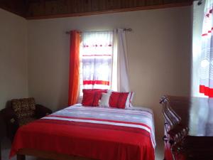 蒙特哥贝The Kozy Kotch的一间卧室配有一张带红色床单的床和一扇窗户。
