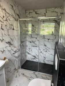 维斯瓦Pokoje i apartamenty Aga Centrum的以及1间带黑色和白色大理石淋浴的浴室。