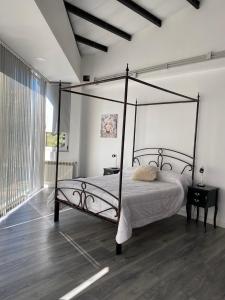 内乌肯Hermoso Loft en pleno centro de Neuquen的一间卧室设有一张天蓬床和木地板。