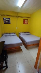 ComalcalcoNovHotel的黄色墙壁客房的两张床