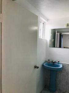 KupuisCockpit County Mountain Room的浴室设有蓝色水槽和镜子