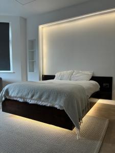 哈罗Luxurious London Studios的一间卧室配有一张大床和大床头板