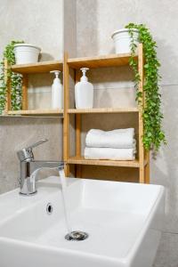 伊格莱西亚斯DoMe Affittacamere的浴室设有水槽和带毛巾的架子。
