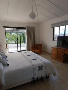 圣克里斯托瓦尔-德拉斯卡萨斯Hotel Ocho Barrios的一间卧室配有一张床和一台平面电视