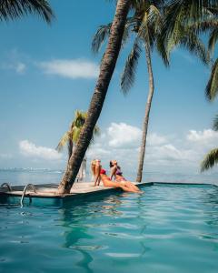 女人岛Mayan Monkey Isla Mujeres的两个女人和一只狗坐在水中的桨板上
