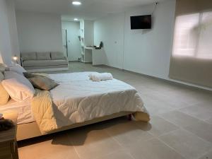 圣米格尔·德·图库玛GMP Suites的一间卧室配有一张大床和一张沙发