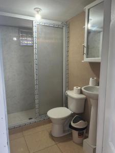 拉塞瓦VLR habitaciones的带淋浴、卫生间和盥洗盆的浴室