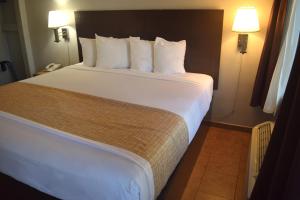 旧金山SF Central Hotel的卧室配有一张带白色床单和枕头的大床。