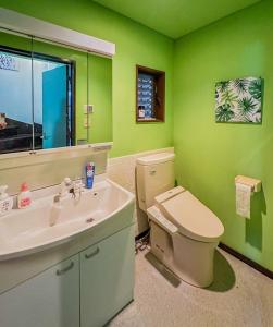 东京Tranquil Tokyo Retreat #Spacious 3BR House in Hiroo的绿色浴室设有卫生间和水槽