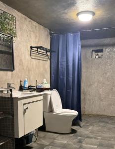 绿岛走走 潜水背包旅宿的浴室设有卫生间和带蓝色淋浴帘的盥洗盆。
