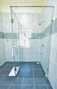 内罗毕A PLACE OF TRANQUILITY, Muthaiga的浴室里设有玻璃门淋浴