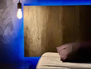 比亚埃尔莫萨Zyan Rooms的一间卧室配有一张床和蓝色的灯光