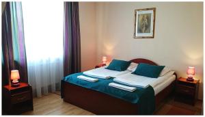 克拉科夫Hotel GoGreen ***的一间卧室配有一张带蓝色床单的床和两盏灯。