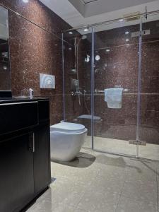 马斯喀特Caesar Hotel的一间带卫生间和玻璃淋浴间的浴室