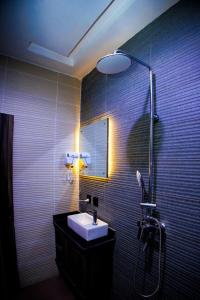 阿沙巴Vic & J Lounge and Hotel Asaba的一间带水槽和淋浴的浴室