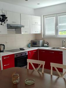 迪斯诺Apartments Perina的厨房配有红色橱柜和带木桌的木桌