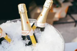 伊佐拉DeGrassi Boutique Garni Hotel Izola的两瓶香槟,装在一桶雪上