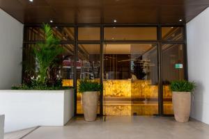 里斯本VIP Executive Suites do Marquês Hotel的前面有两株盆栽植物的建筑