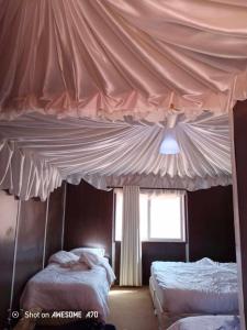 瓦迪拉姆Milky Way Bedouin Camp的卧室内两床的天篷