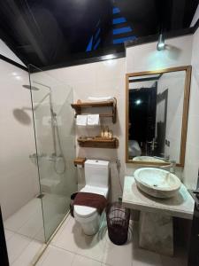 老街市Heaven house sapa的浴室配有卫生间、盥洗盆和淋浴。