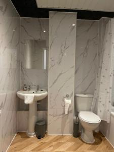 达格纳姆Eldridge Court Apartment的白色的浴室设有水槽和卫生间。