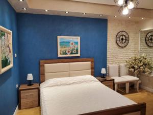 地拉那Central Luxe Apartment的一间拥有蓝色墙壁和一张大床的卧室